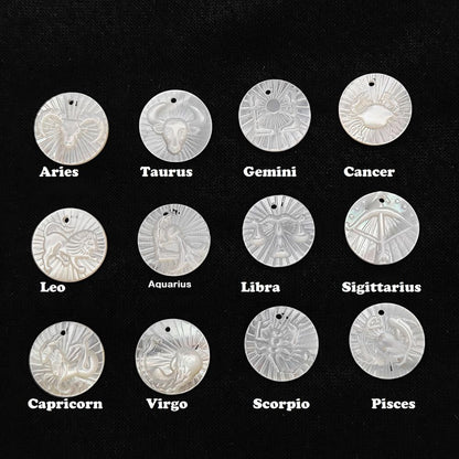 Leo Zodiac Mother of Pearl Charm Engraved Horoscope Coin Shell Disc Pendant for Handmade Jewelry- Selling Per Piece