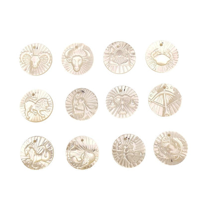 Leo Zodiac Mother of Pearl Charm Engraved Horoscope Coin Shell Disc Pendant for Handmade Jewelry- Selling Per Piece