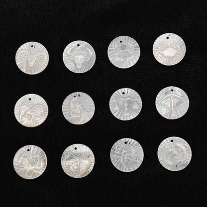 Leo Zodiac Mother of Pearl Charm Engraved Horoscope Coin Shell Disc Pendant for Handmade Jewelry- Selling Per Piece