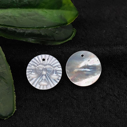 Libra Zodiac Charm in Natural Mother of Pearl Engraved Astrology Coin Shell Disc for DIY Necklaces & Bracelets- Selling Per Piece