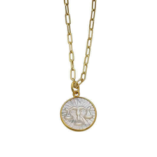 Libra Zodiac Star Sign Necklace Mother of Pearl Pendant with Gold Plated Paperclip Chain Thoughtful Horoscope Jewelry Gift- Selling Per Piece