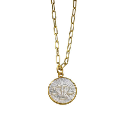 Mother of Pearl Zodiac Pendant for Necklace Gold Plated Astrology Sign Charm on Paperclip Chain Horoscope Jewelry Gift- Selling Per Piece