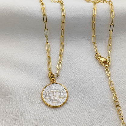 Mother of Pearl Zodiac Pendant for Necklace Gold Plated Astrology Sign Charm on Paperclip Chain Horoscope Jewelry Gift- Selling Per Piece