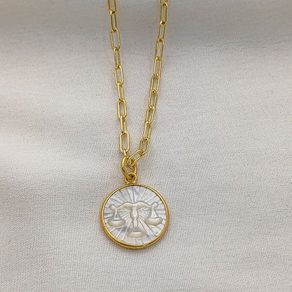 Mother of Pearl Zodiac Pendant for Necklace Gold Plated Astrology Sign Charm on Paperclip Chain Horoscope Jewelry Gift- Selling Per Piece