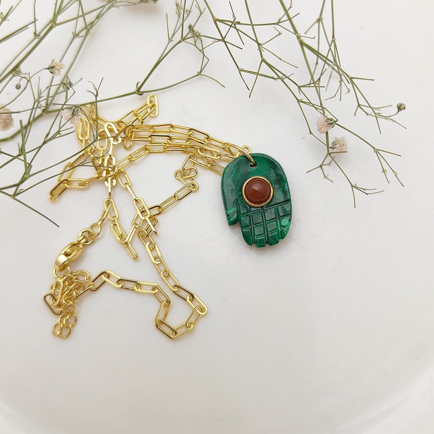 Malachite Evil Eye Necklace with Hamsa Hand Handmade 925 Silver Spiritual Jewelry