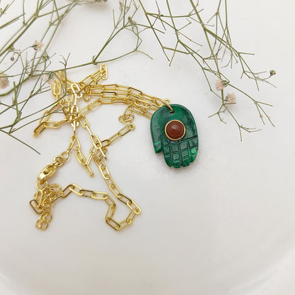 Malachite Evil Eye Necklace with Hamsa Hand Handmade 925 Silver Spiritual Jewelry