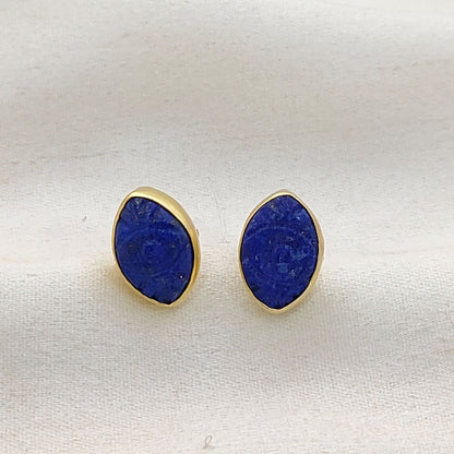 Marquise Lapis Lazuli Evil Eye Gemstone Stud Earrings Gold Vermeil Protective Boho Jewelry- Selling Per Pair