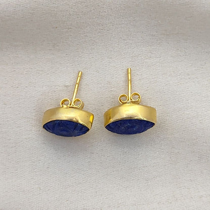 Marquise Lapis Lazuli Evil Eye Gemstone Stud Earrings Gold Vermeil Protective Boho Jewelry- Selling Per Pair