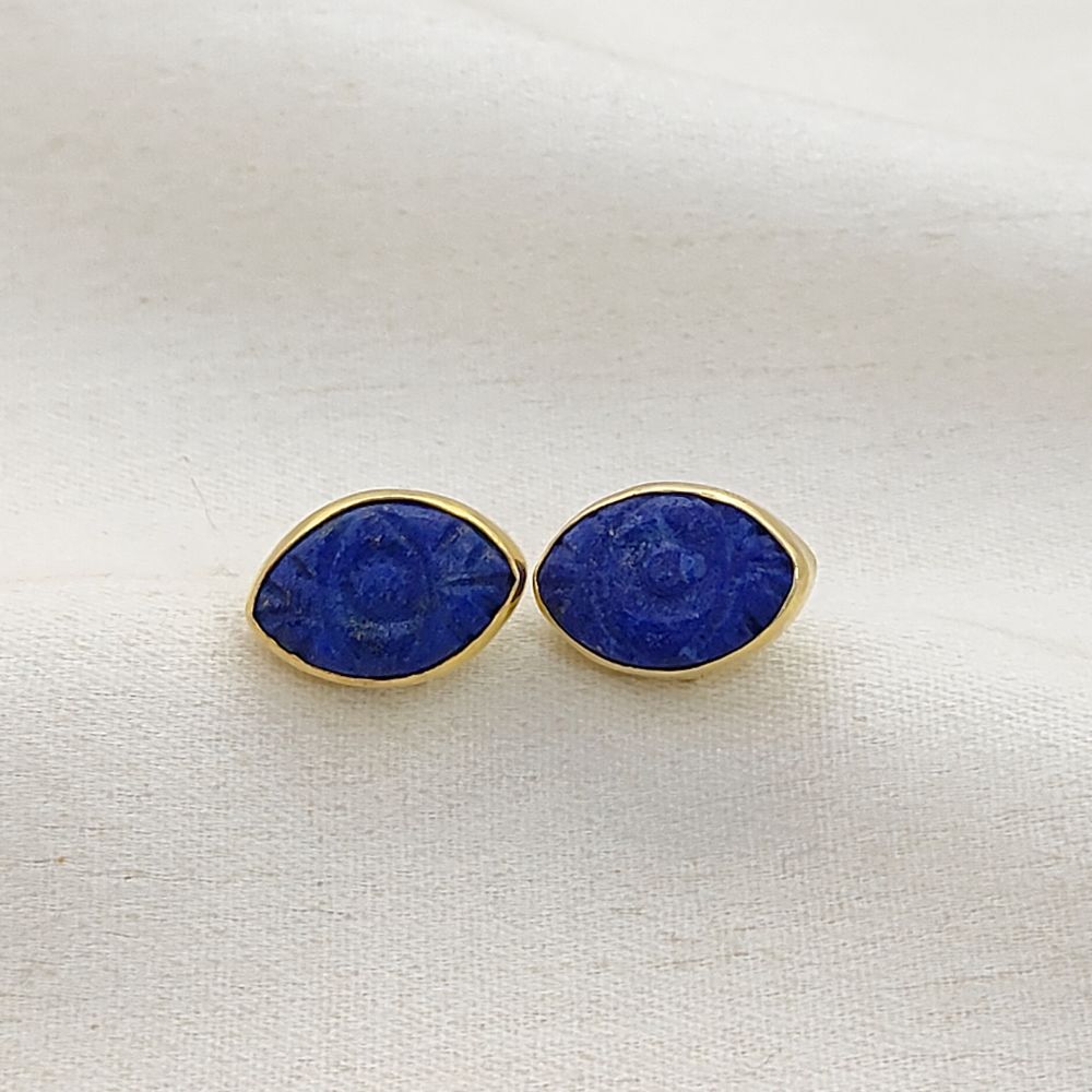 Marquise Lapis Lazuli Evil Eye Gemstone Stud Earrings Gold Vermeil Protective Boho Jewelry- Selling Per Pair