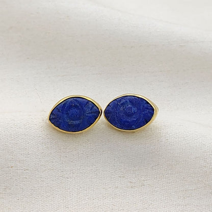 Marquise Lapis Lazuli Evil Eye Gemstone Stud Earrings Gold Vermeil Protective Boho Jewelry- Selling Per Pair