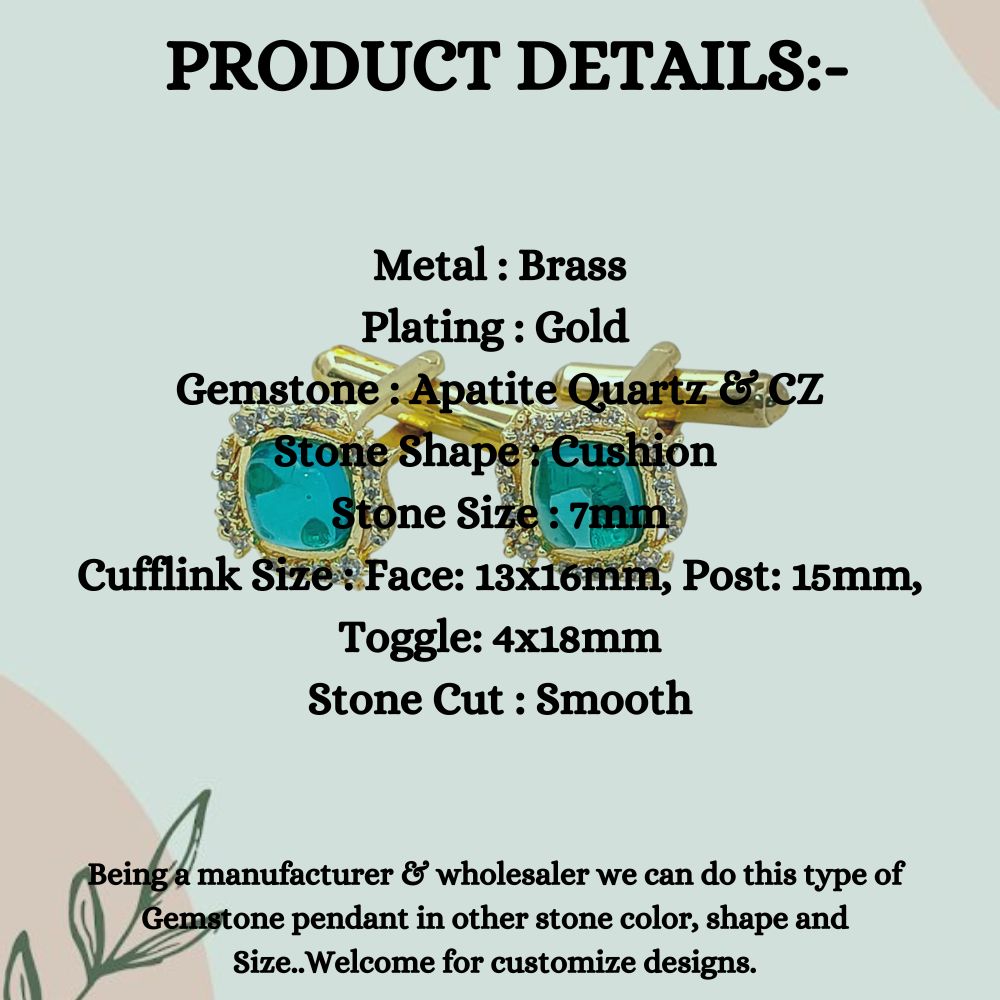 Men’s Apatite Quartz Cushion Gemstone Cufflinks Gold Plated Formal Wear for Weddings, Office & Special Occasions – Selling Per Pair