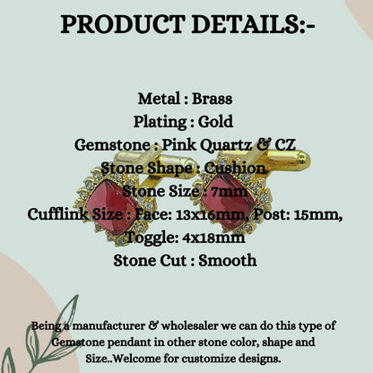 Men’s Gold Plated Cushion Pink Quartz Cufflinks Formal Accessories for Weddings, Business Meetings & Office Events – Selling Per Pair