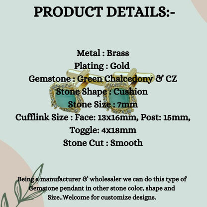 Men’s Green Chalcedony Cufflinks Gold Plated Luxury Formal Shirt Accessories for Weddings, Office Events & Groomsmen Gifts – Selling Per Pair