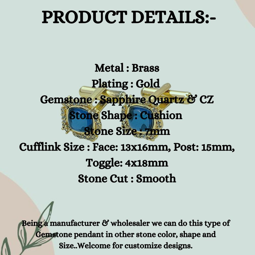Men’s Luxury Sapphire Quartz Gold Plated Cufflinks Cushion Gemstone Formal Shirt Accessories for Weddings, Business & Groomsmen – Selling Per Pair