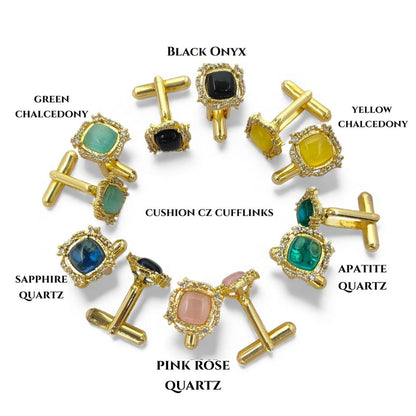Men’s Luxury Sapphire Quartz Gold Plated Cufflinks Cushion Gemstone Formal Shirt Accessories for Weddings, Business & Groomsmen – Selling Per Pair