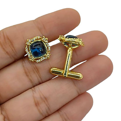 Men’s Luxury Sapphire Quartz Gold Plated Cufflinks Cushion Gemstone Formal Shirt Accessories for Weddings, Business & Groomsmen – Selling Per Pair