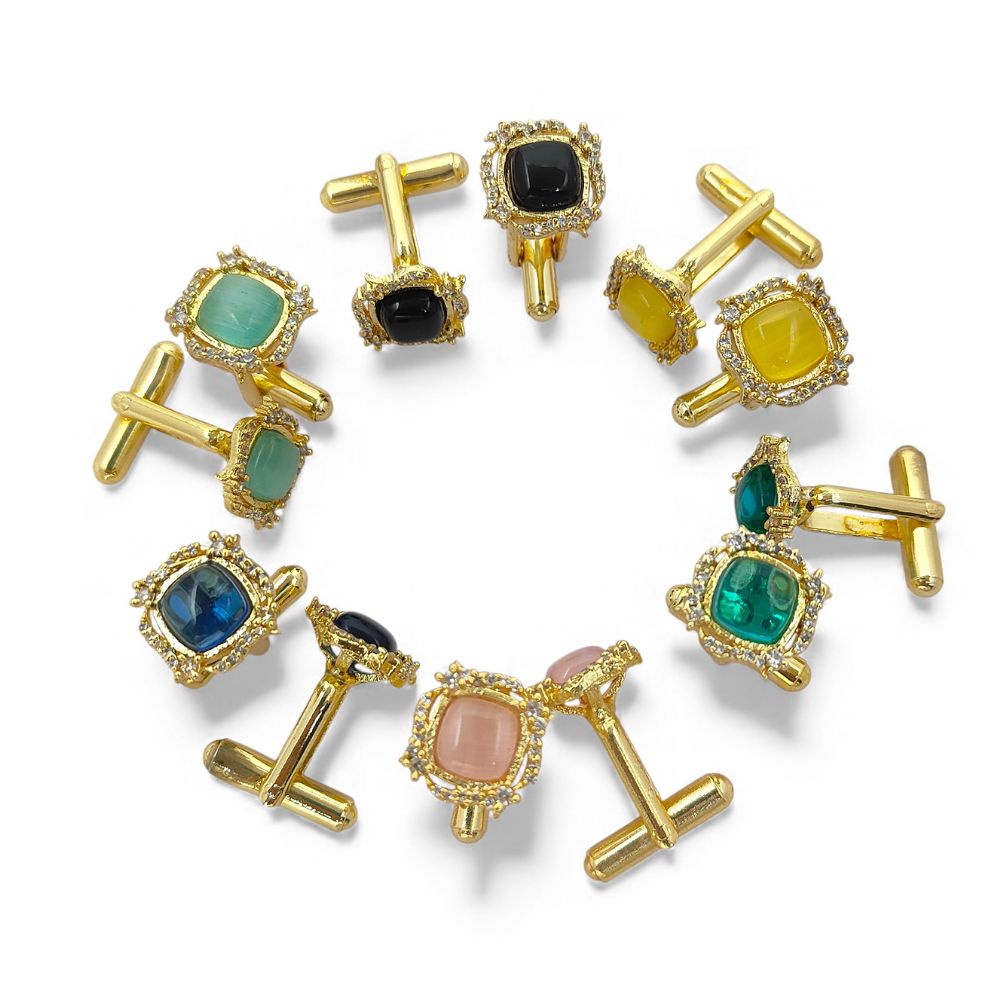 Men’s Luxury Sapphire Quartz Gold Plated Cufflinks Cushion Gemstone Formal Shirt Accessories for Weddings, Business & Groomsmen – Selling Per Pair