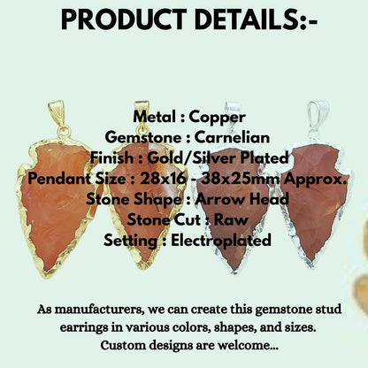 Natural Raw Carnelian Arrowhead Pendant, Tribal Stone Point Charm with Brass Electroplated Edge, DIY Jewelry Making