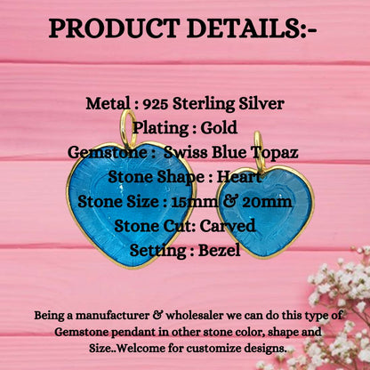 Handmade Swiss Blue Topaz Heart Pendant Gold Plated Silver Dainty Gemstone Jewelry- Selling Per Piece