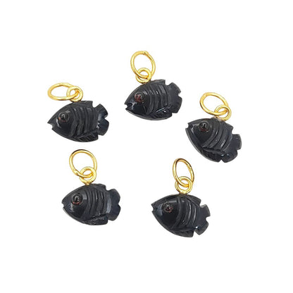 Hand-Carved Mini Black Onyx Fish Pendant with Gold Plated Bail