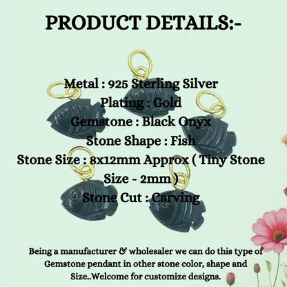 Black Onyx Fish Charm Pendant for DIY Jewelry