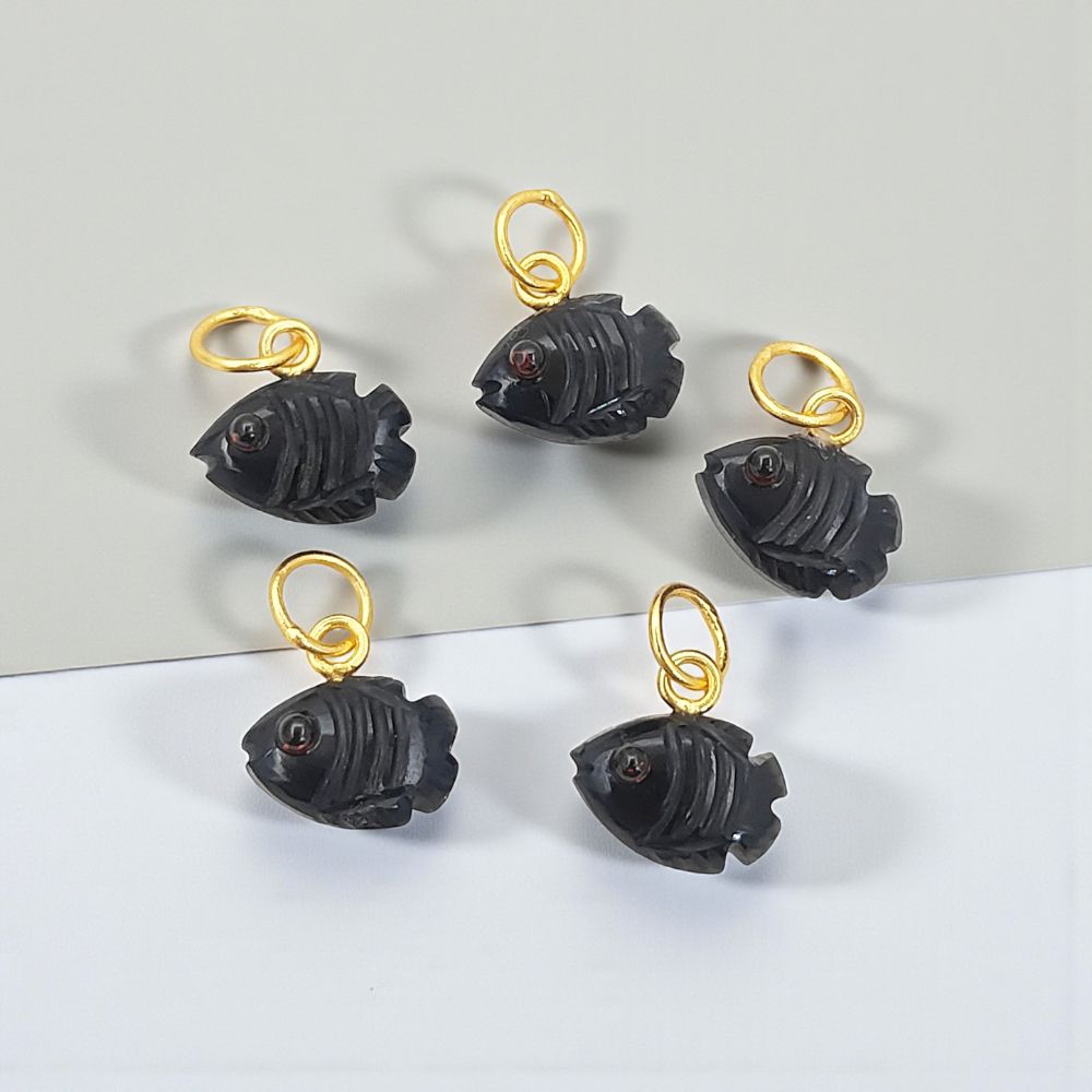 Close-Up of Natural Black Onyx Fish Pendant with Gold Bail