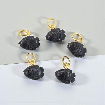 Close-Up of Natural Black Onyx Fish Pendant with Gold Bail