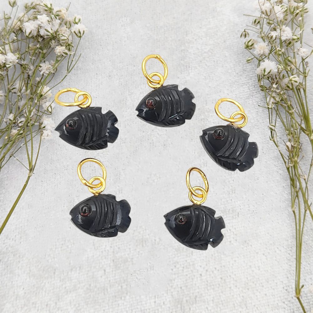 Natural Crystal Black Onyx Fish Pendant with Gold Plating