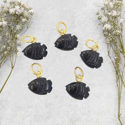 Natural Crystal Black Onyx Fish Pendant with Gold Plating