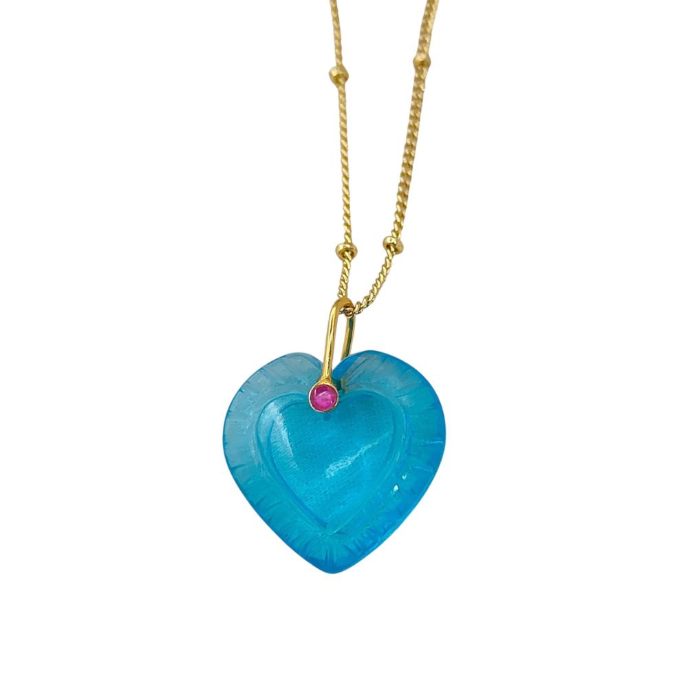 Minimalist Blue Topaz Quartz Heart Necklace Gold Plated Carved Gemstone Pendant with Fancy Pinch Bail- Selling Per Piece