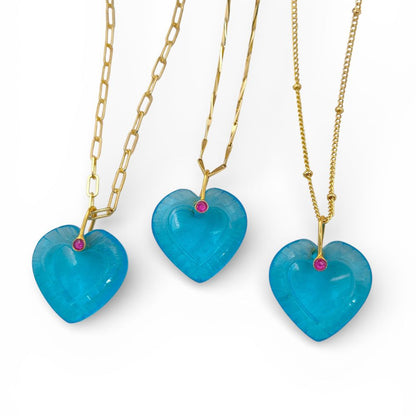 Minimalist Blue Topaz Quartz Heart Necklace Gold Plated Carved Gemstone Pendant with Fancy Pinch Bail- Selling Per Piece