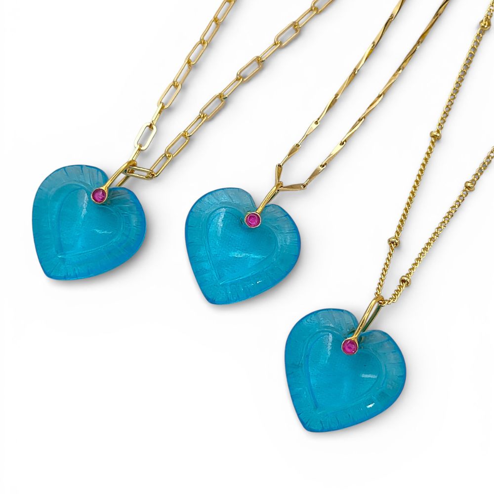 Minimalist Blue Topaz Quartz Heart Necklace Gold Plated Carved Gemstone Pendant with Fancy Pinch Bail- Selling Per Piece