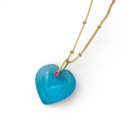 Minimalist Blue Topaz Quartz Heart Necklace Gold Plated Carved Gemstone Pendant with Fancy Pinch Bail- Selling Per Piece