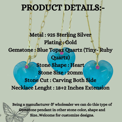 Minimalist Blue Topaz Quartz Heart Necklace Gold Plated Carved Gemstone Pendant with Fancy Pinch Bail- Selling Per Piece