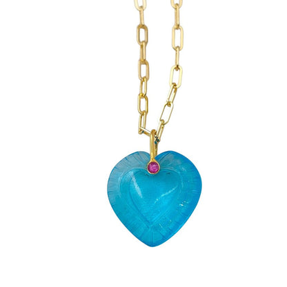 Minimalist Blue Topaz Quartz Heart Necklace Gold Plated Carved Gemstone Pendant with Fancy Pinch Bail- Selling Per Piece
