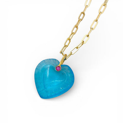 Minimalist Blue Topaz Quartz Heart Necklace Gold Plated Carved Gemstone Pendant with Fancy Pinch Bail- Selling Per Piece