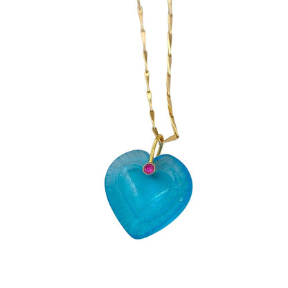 Minimalist Blue Topaz Quartz Heart Necklace Gold Plated Carved Gemstone Pendant with Fancy Pinch Bail- Selling Per Piece
