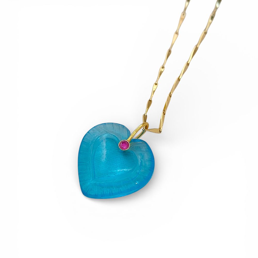 Minimalist Blue Topaz Quartz Heart Necklace Gold Plated Carved Gemstone Pendant with Fancy Pinch Bail- Selling Per Piece