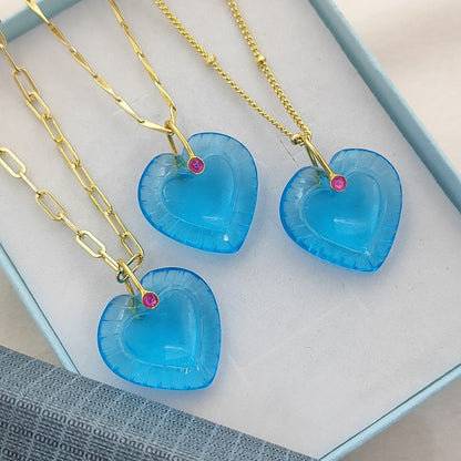 Minimalist Blue Topaz Quartz Heart Necklace Gold Plated Carved Gemstone Pendant with Fancy Pinch Bail- Selling Per Piece