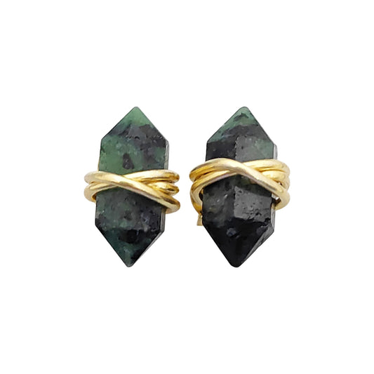 Minimalist Dyed Emerald Stud Earrings 12x5mm Double Point Gemstone Earrings in Gold Vermeil- Selling Per Pair