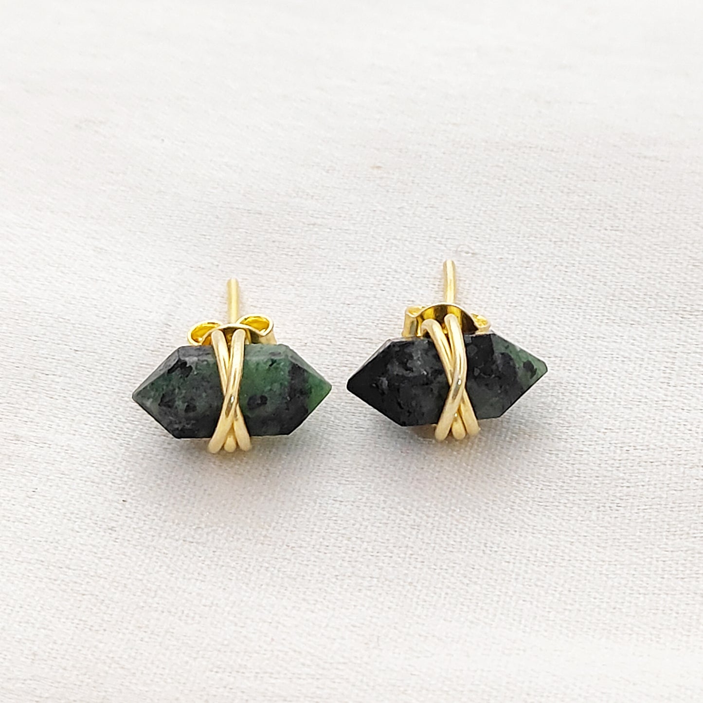 Minimalist Dyed Emerald Stud Earrings 12x5mm Double Point Gemstone Earrings in Gold Vermeil- Selling Per Pair