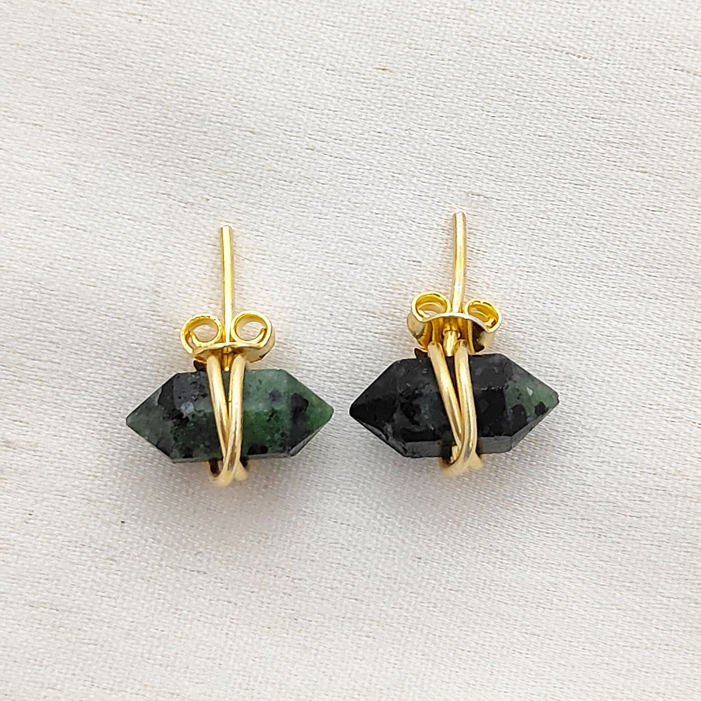 Minimalist Dyed Emerald Stud Earrings 12x5mm Double Point Gemstone Earrings in Gold Vermeil- Selling Per Pair
