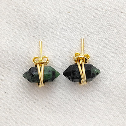 Minimalist Dyed Emerald Stud Earrings 12x5mm Double Point Gemstone Earrings in Gold Vermeil- Selling Per Pair