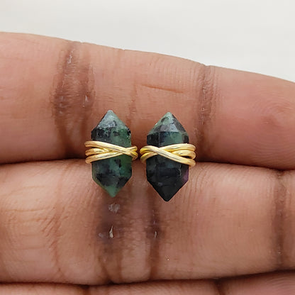 Minimalist Dyed Emerald Stud Earrings 12x5mm Double Point Gemstone Earrings in Gold Vermeil- Selling Per Pair