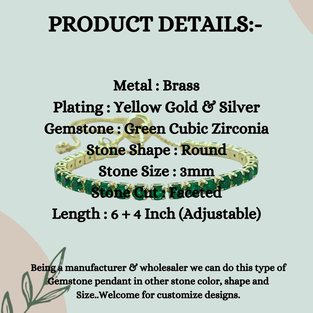 Minimalist Green CZ Tennis Bracelet 18K Gold Plated Prong Set Adjustable Fashion Jewelry for Women – Selling Per Piece