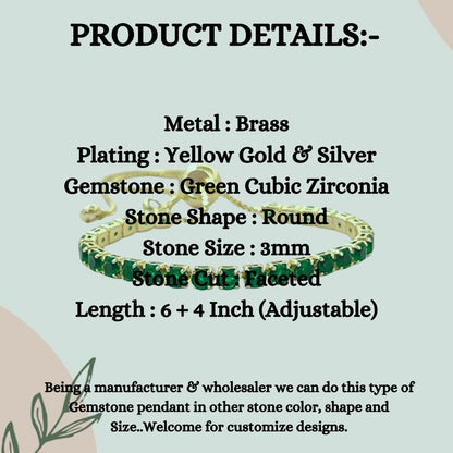 Minimalist Green CZ Tennis Bracelet 18K Gold Plated Prong Set Adjustable Fashion Jewelry for Women – Selling Per Piece
