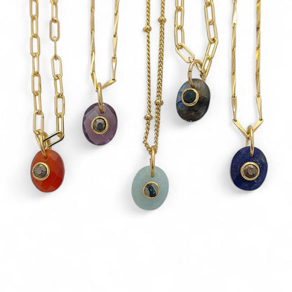 Minimalist Pyrite Gemstone Necklace Tiny Double Oval Pendant Jewelry for Women- Selling Per Piece