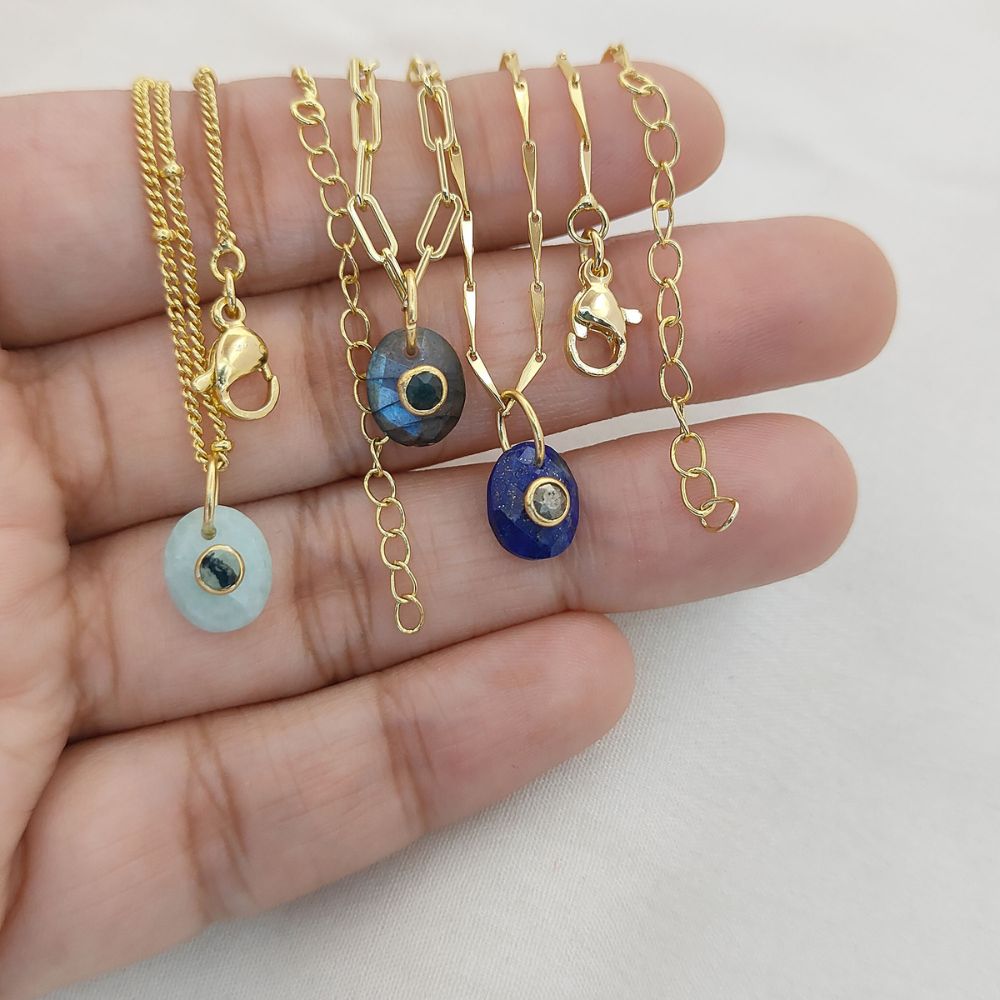 Minimalist Pyrite Gemstone Necklace Tiny Double Oval Pendant Jewelry for Women- Selling Per Piece