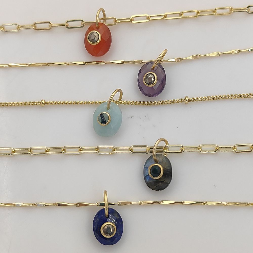 Minimalist Pyrite Gemstone Necklace Tiny Double Oval Pendant Jewelry for Women- Selling Per Piece