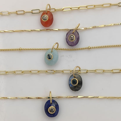 Minimalist Pyrite Gemstone Necklace Tiny Double Oval Pendant Jewelry for Women- Selling Per Piece